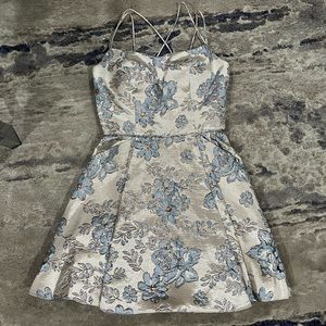 Blondie Nites by Stacy in the Sky homecoming/ prom dress. Cream w/blue flowers